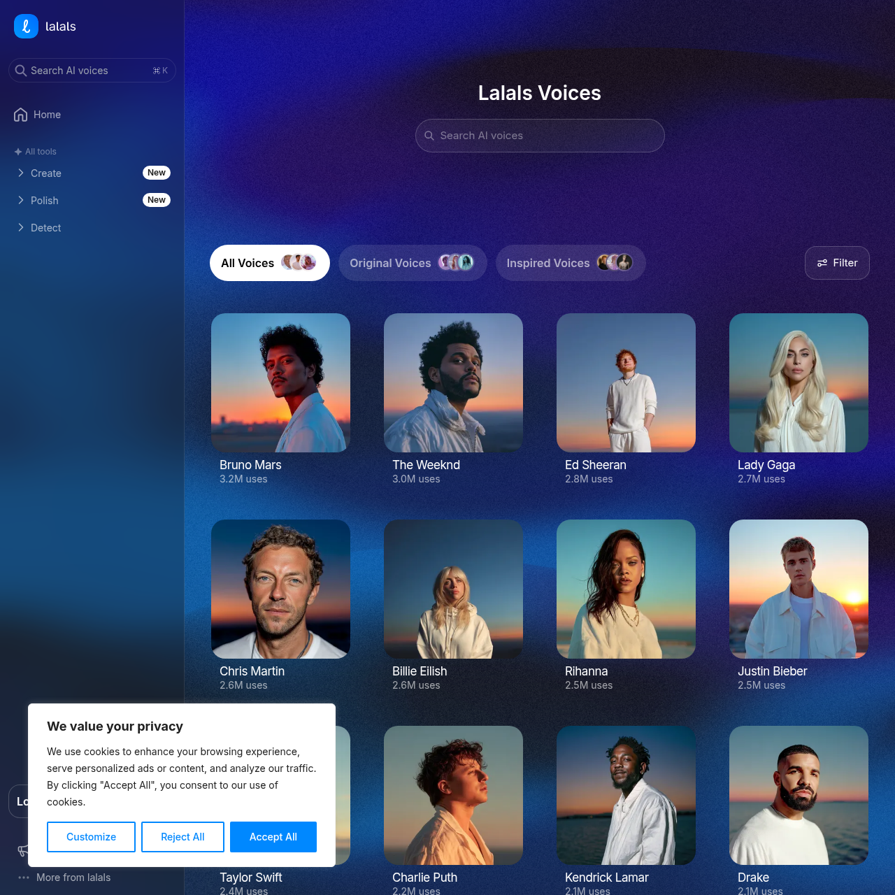 Lalals voices page showing AI clones of Drake, Kendrick Lamar, The Weeknd, and Eminem with 2 million plus usage counts