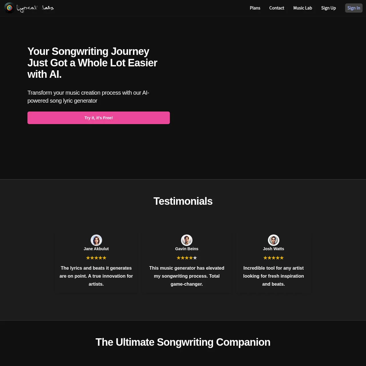 Lyrical Labs AI songwriter platform with testimonials