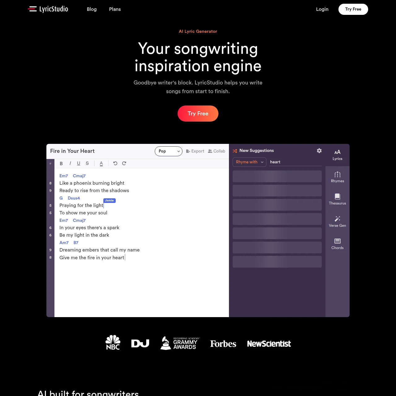 LyricStudio AI lyric generator homepage showing songwriting inspiration engine