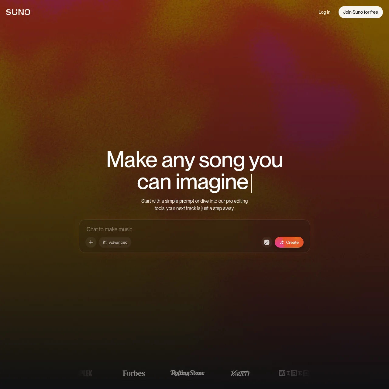 Suno AI music generator homepage with featured user tracks