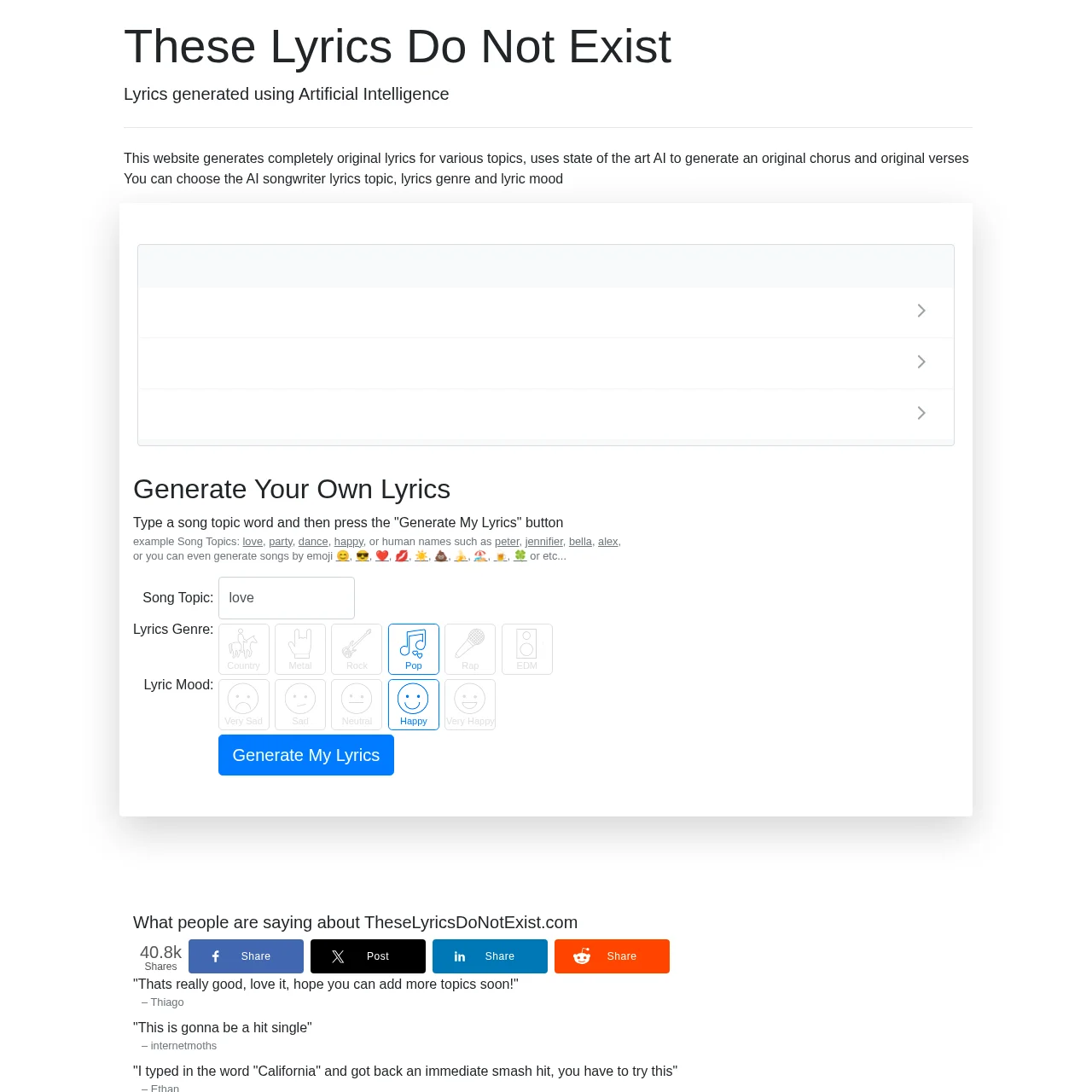 These Lyrics Do Not Exist free AI lyric generator with topic input