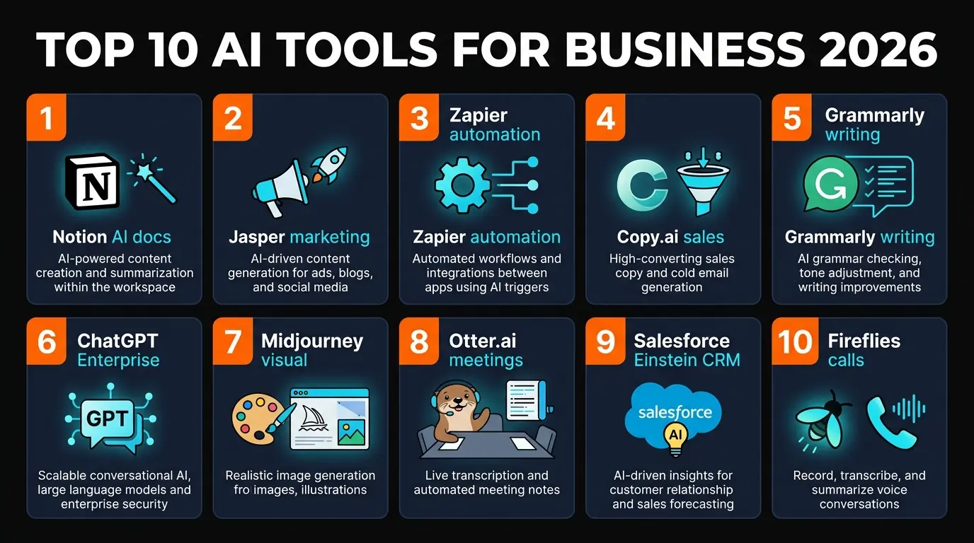 AI Tools for Business 2026 - Key features overview showing capabilities across 10 tools