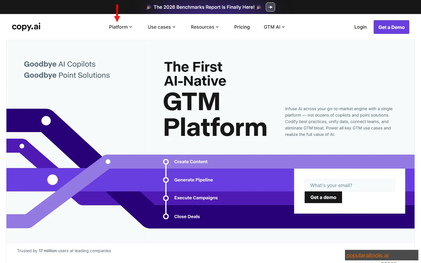 Copy.ai sales and marketing platform interface showing AI content generation workflows