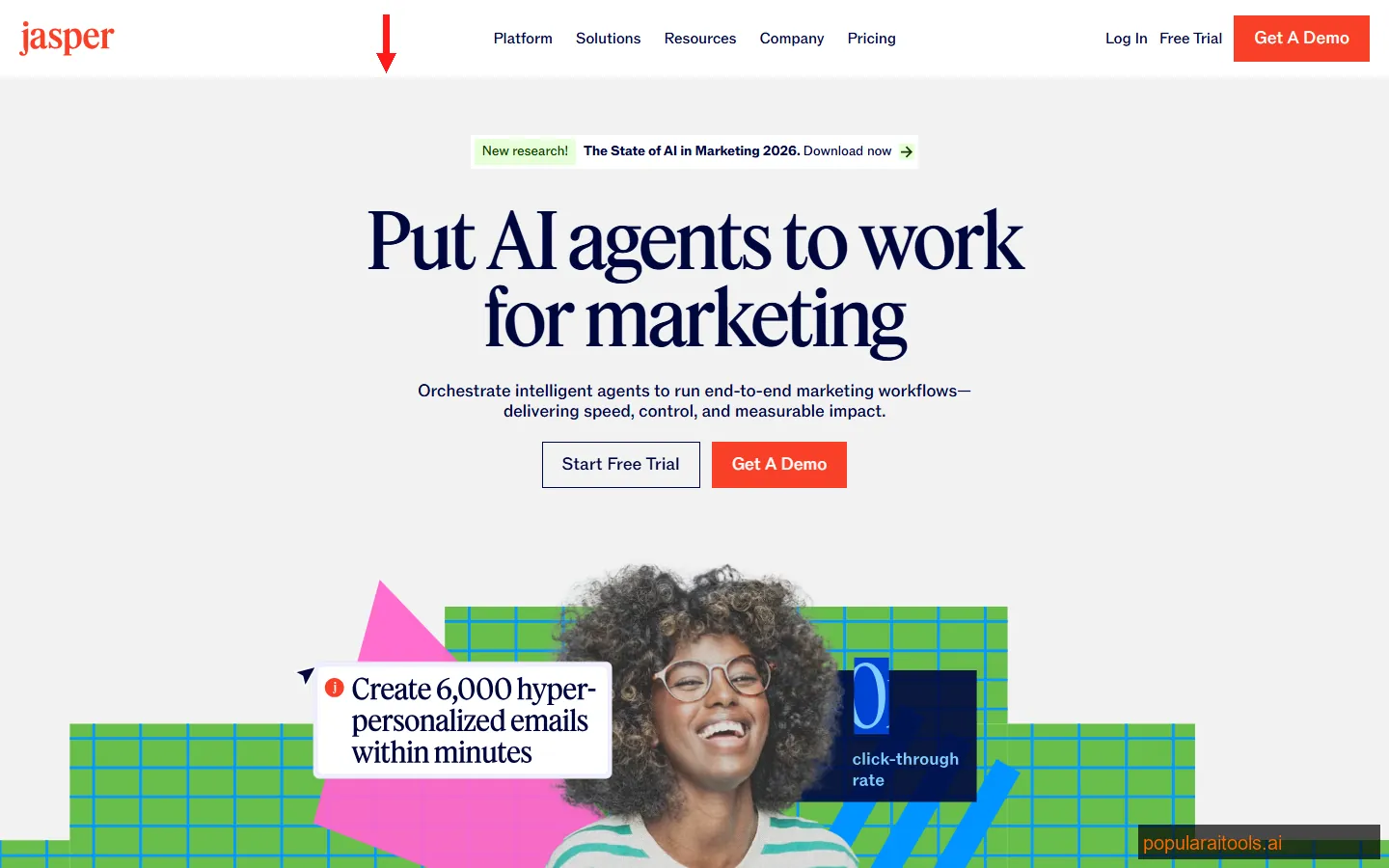 Jasper AI marketing platform interface showing content generation and brand voice features