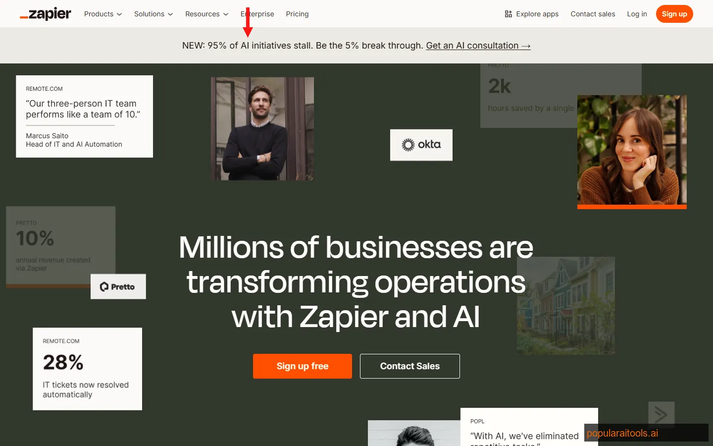 Zapier AI automation platform showing AI-powered workflow builder connecting business apps