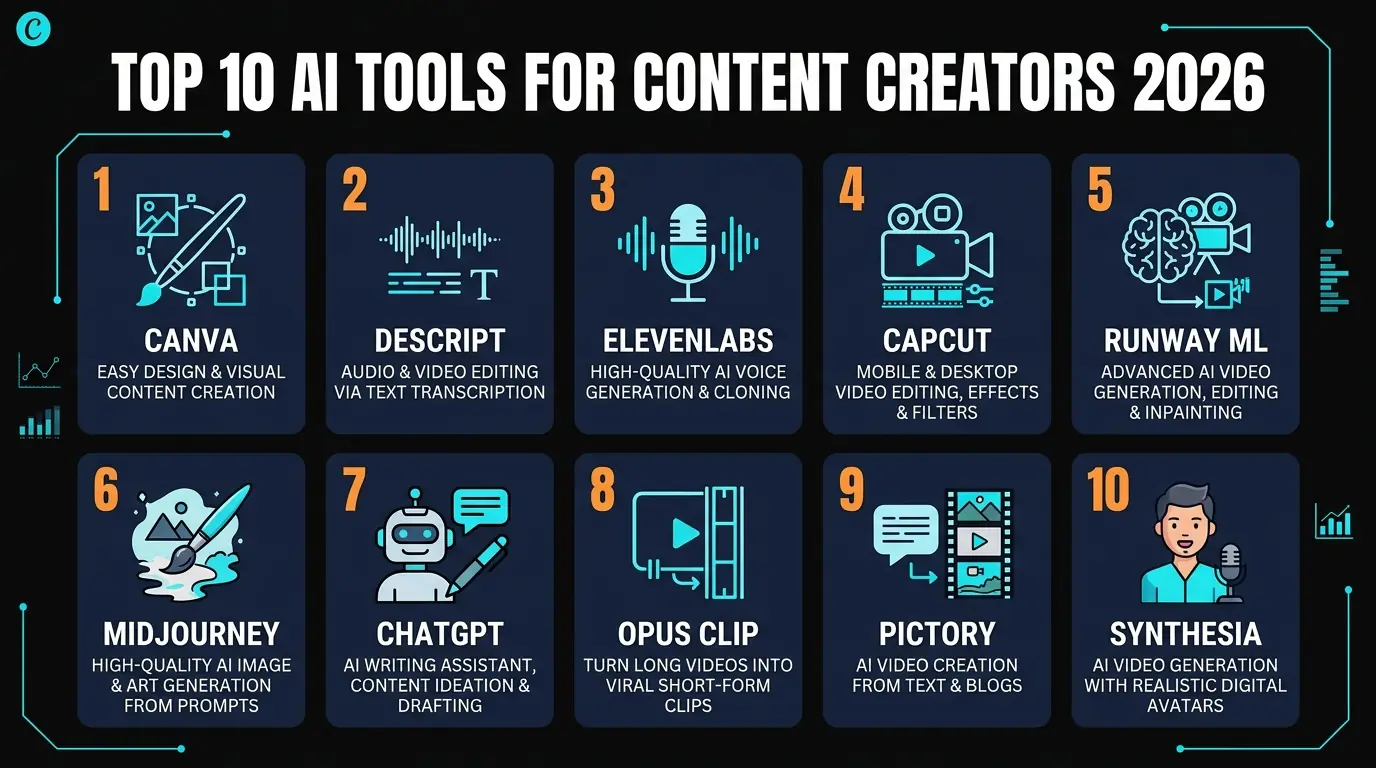 AI Tools for Content Creators 2026 - 6 key features overview showing design, video, voice, writing, clipping, and avatar capabilities