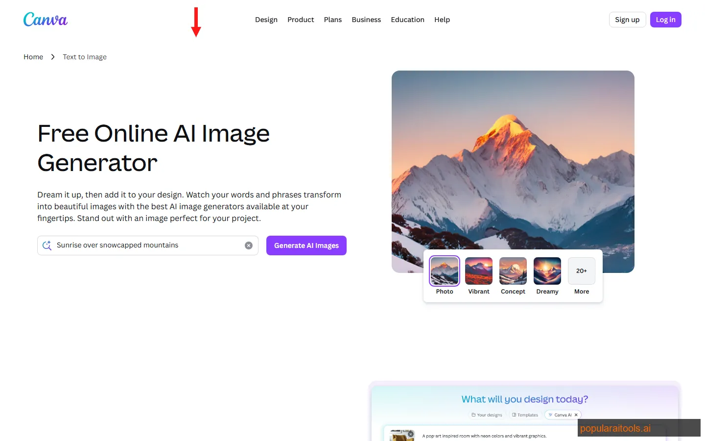 Canva AI homepage showing Magic Studio features and AI-powered design tools