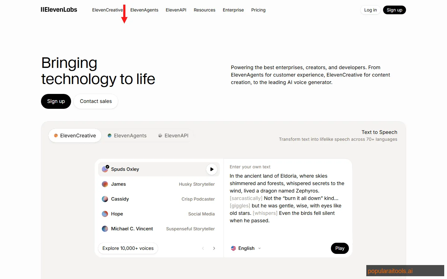 ElevenLabs voice AI platform showing text-to-speech interface and voice cloning options