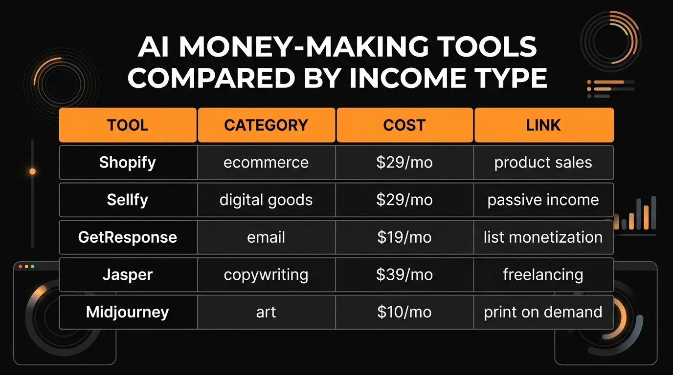 AI Money-Making Tools Comparison - Income Potential, Difficulty, and Time to Profit