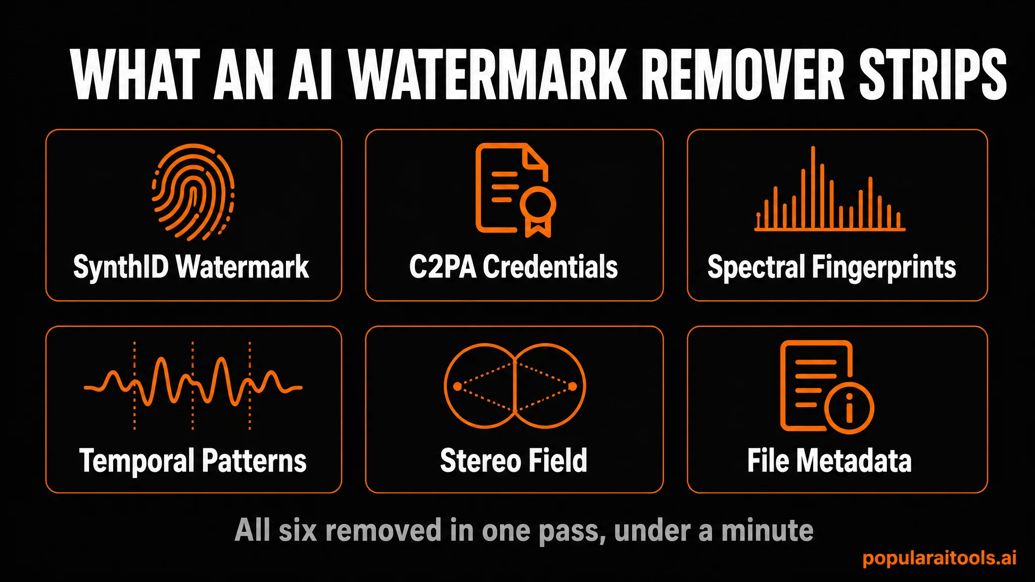Infographic showing the six layers an AI watermark remover strips: SynthID watermark, C2PA credentials, spectral fingerprints, temporal patterns, stereo field and file metadata