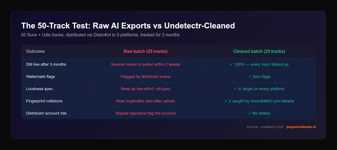 Comparison table of 50-track test results: raw AI exports were muted or pulled within two weeks while all Undetectr-cleaned tracks stayed live with zero flags