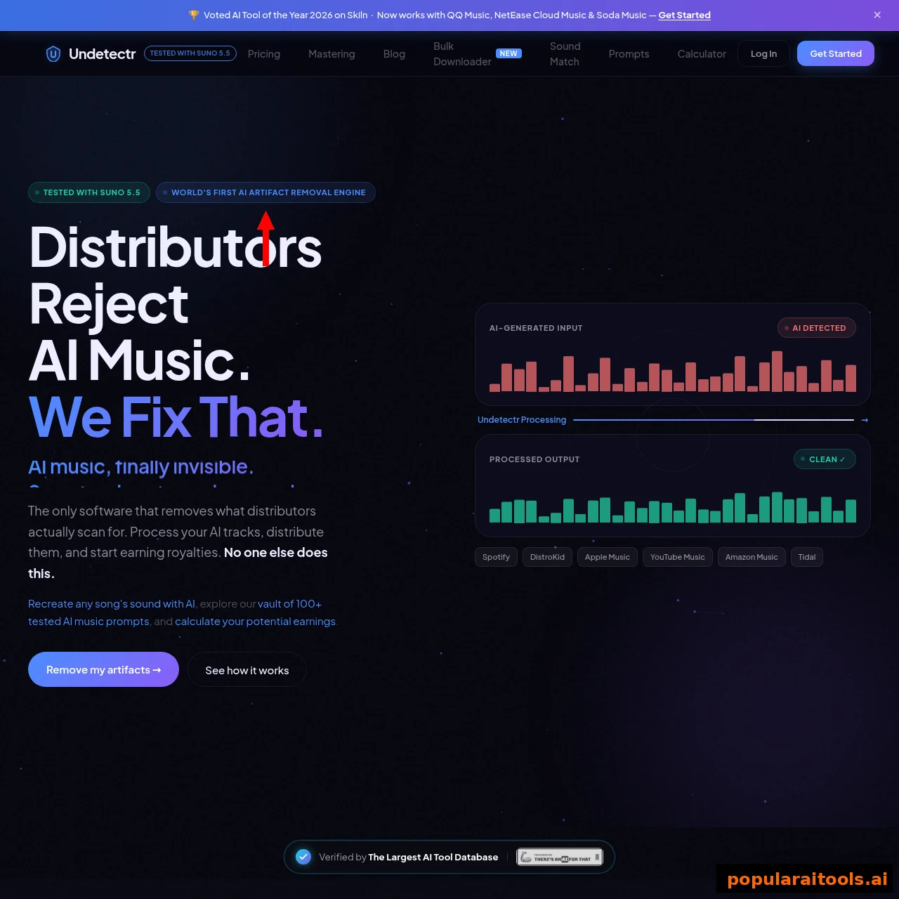 Undetectr homepage showing AI-generated input flagged as AI detected and processed output marked clean