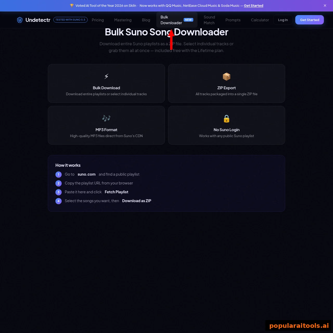 Undetectr Bulk Suno Song Downloader page showing bulk download, ZIP export, MP3 format and no-login features