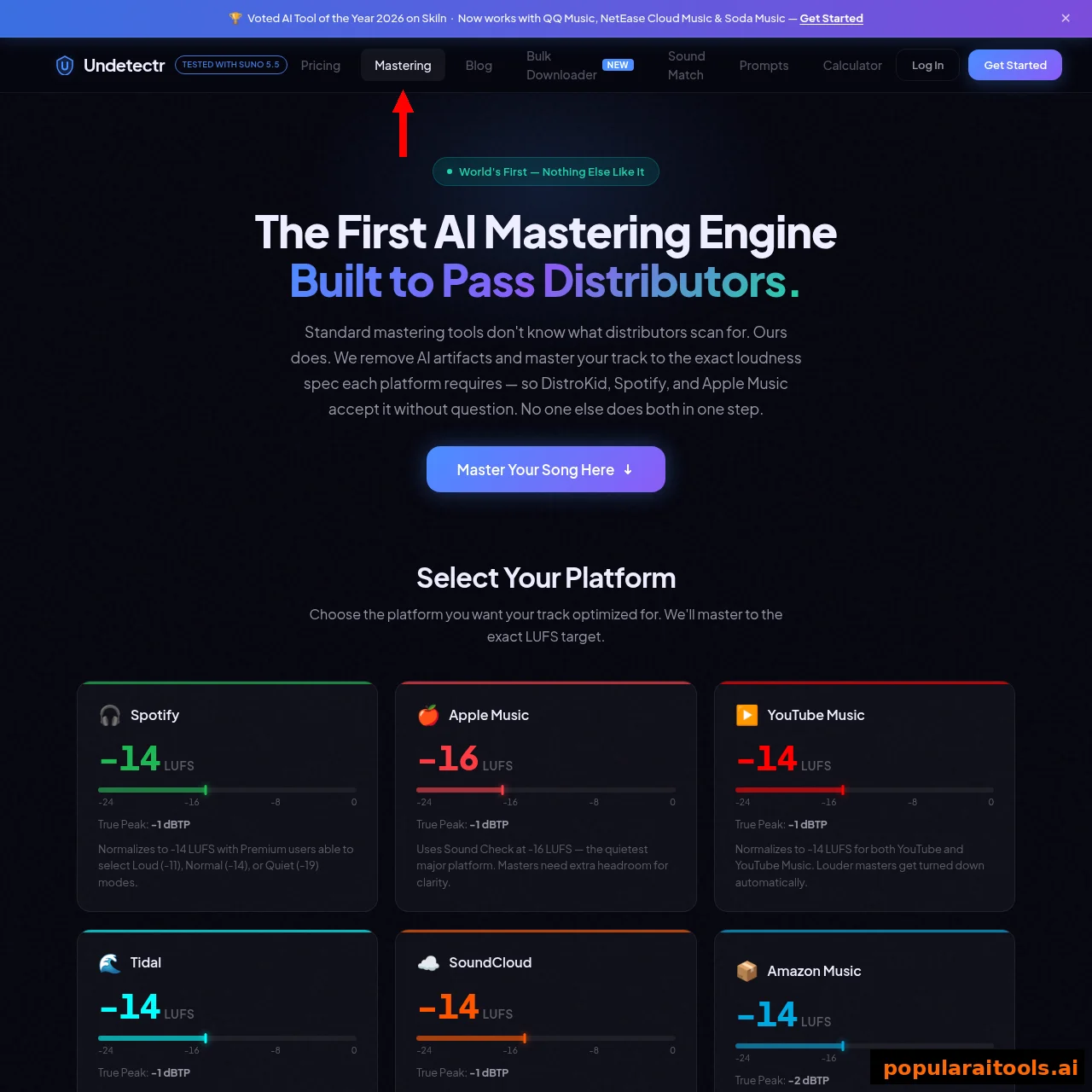 Undetectr mastering page showing per-platform LUFS targets for Spotify, Apple Music, YouTube Music, Tidal, SoundCloud and Amazon Music