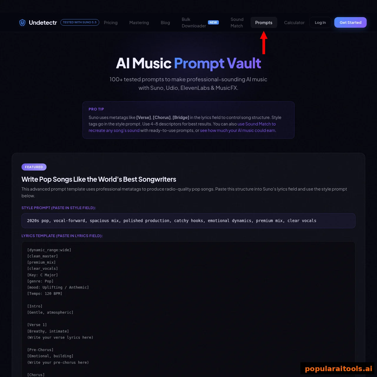 Undetectr AI Music Prompt Vault with over 100 tested prompts for Suno, Udio, ElevenLabs and MusicFX