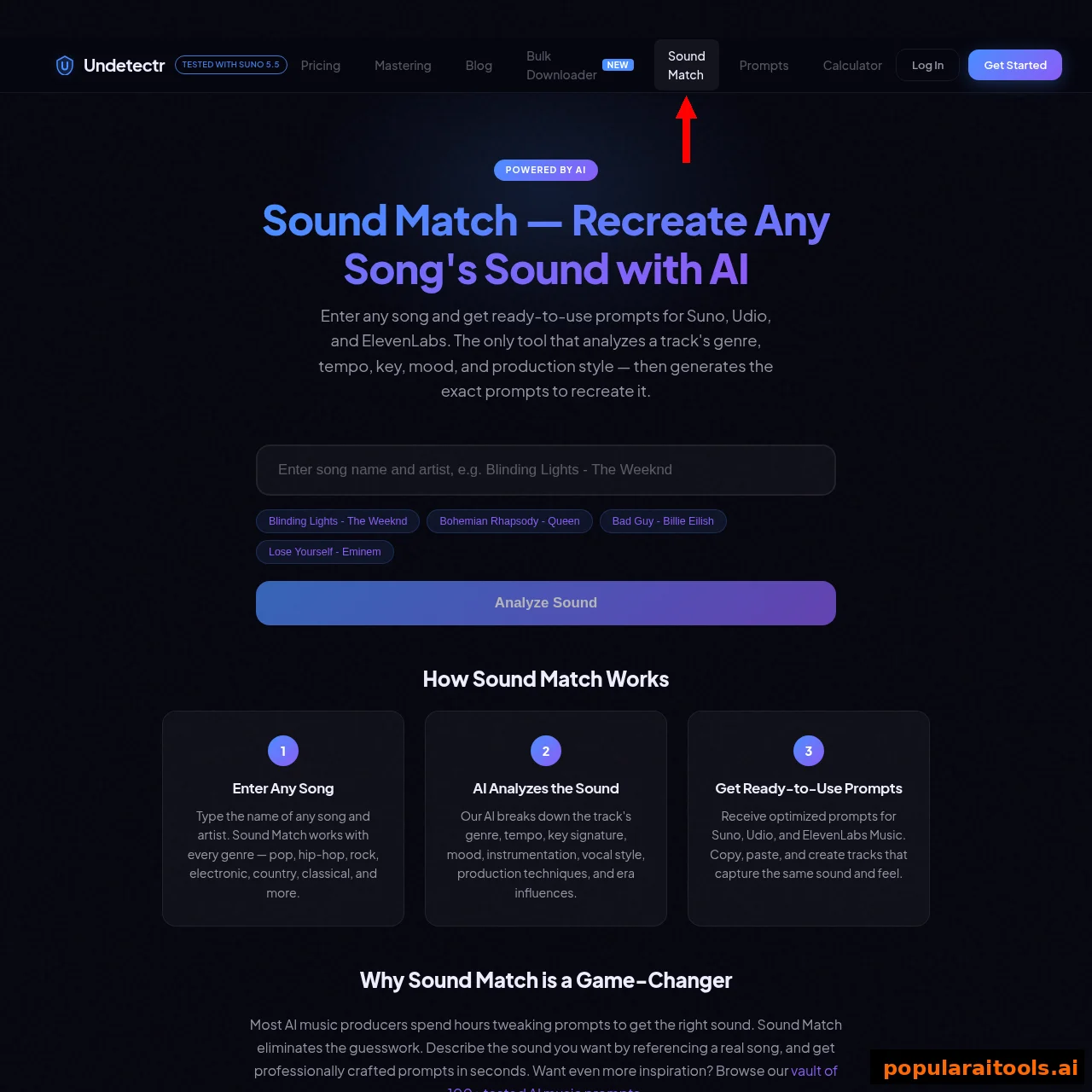 Undetectr Sound Match page that analyzes any song's genre, tempo, key and mood and generates matching AI music prompts