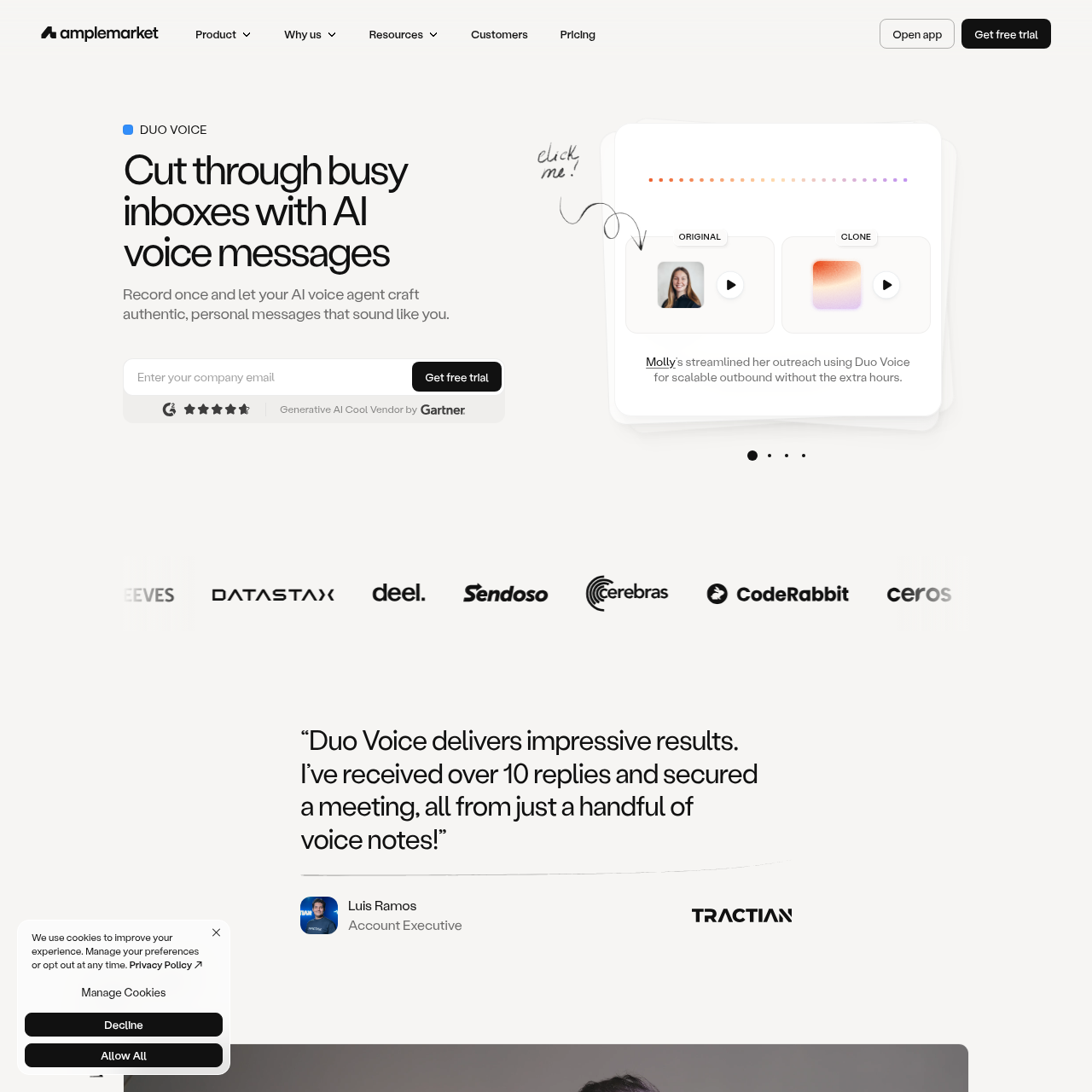 Amplemarket Duo Voice — AI voice cloning for personalized sales outreach on LinkedIn and email