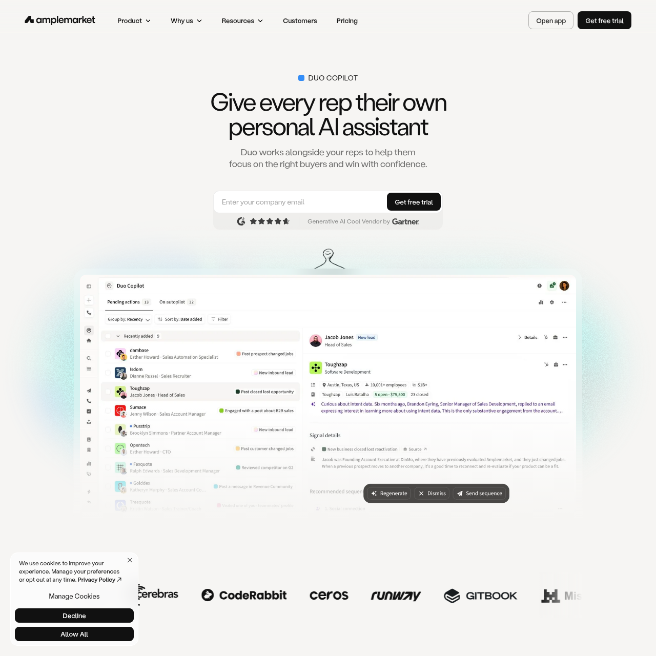 Amplemarket Duo AI copilot product page showing the three-agent system: Signal, Research, and Sequence