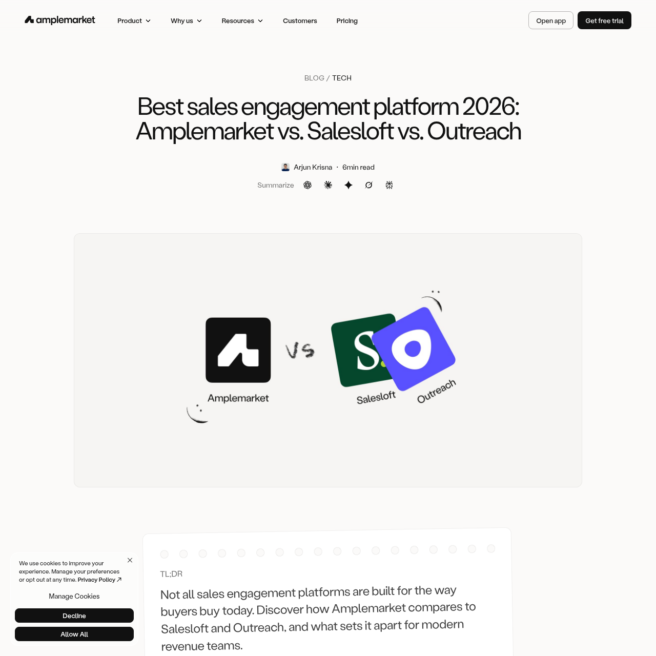 Amplemarket's own blog post comparing itself to SalesLoft and Outreach across 10 categories