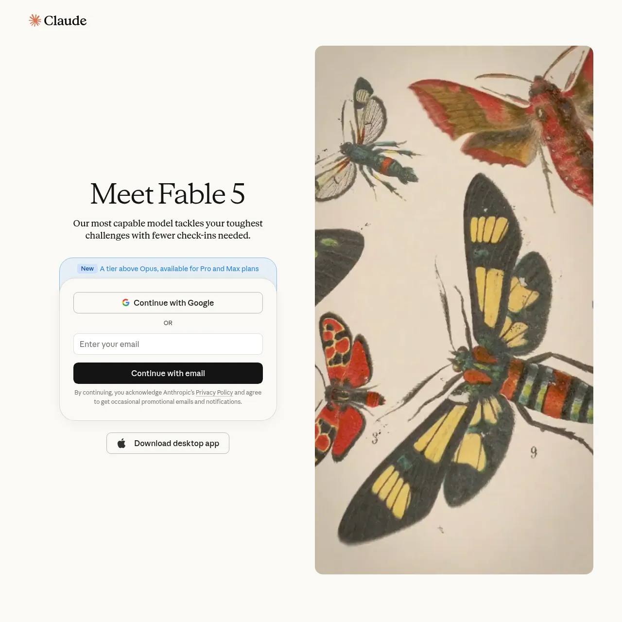 Claude.ai homepage by Anthropic showing the AI assistant interface