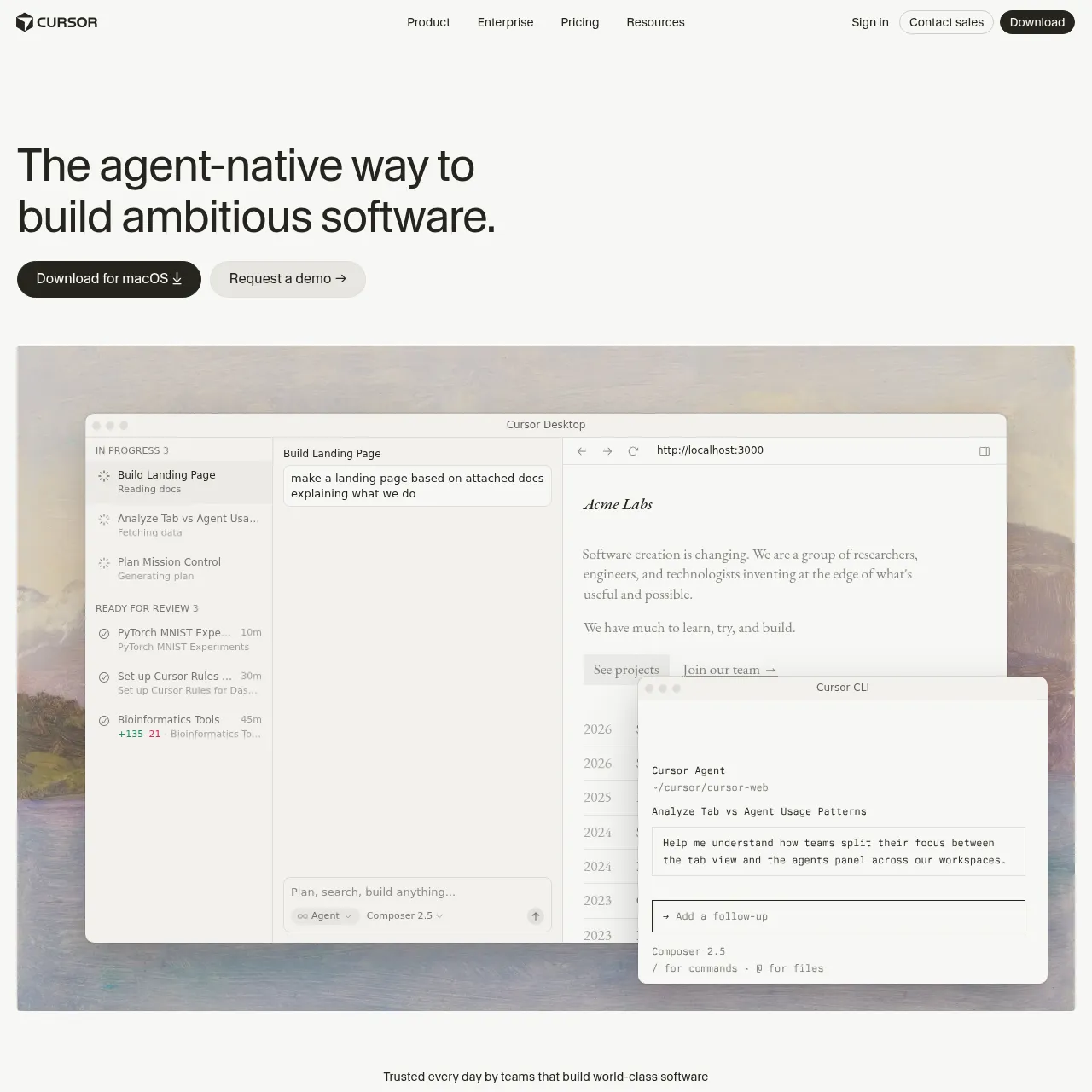 Cursor IDE homepage showing the AI-native code editor for developers