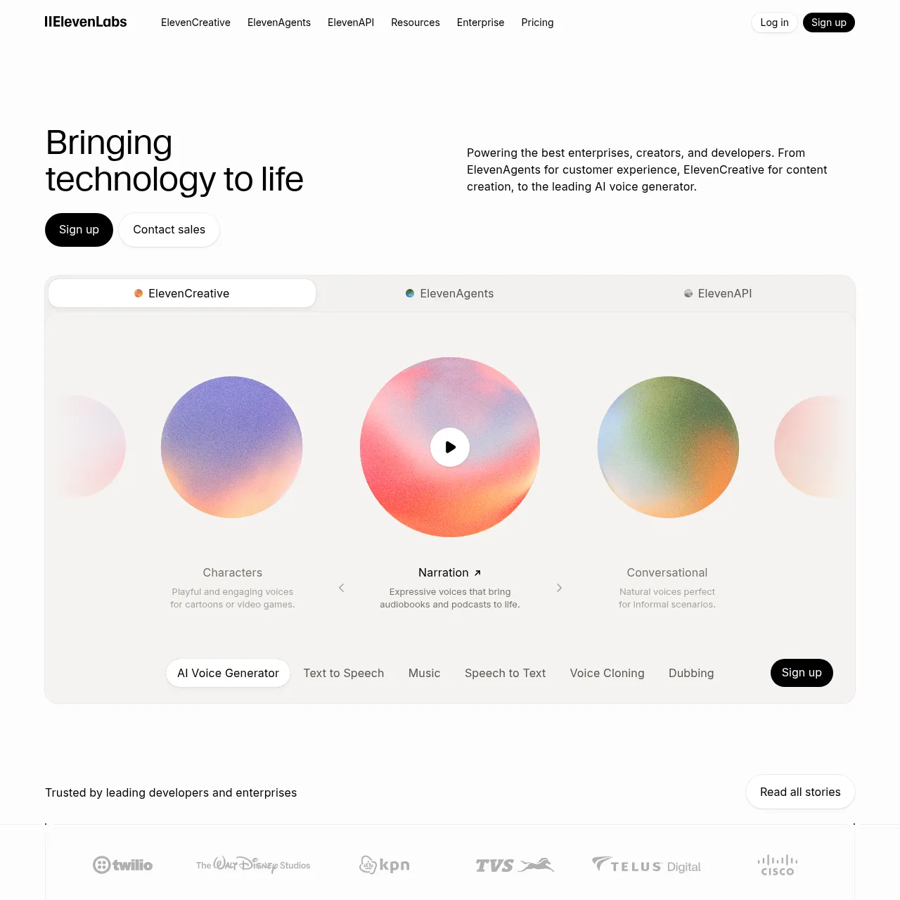 ElevenLabs homepage showing the AI voice generation and cloning interface