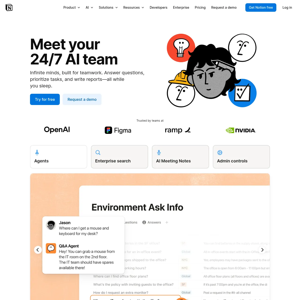 Notion AI product page showing AI features inside Notion documents