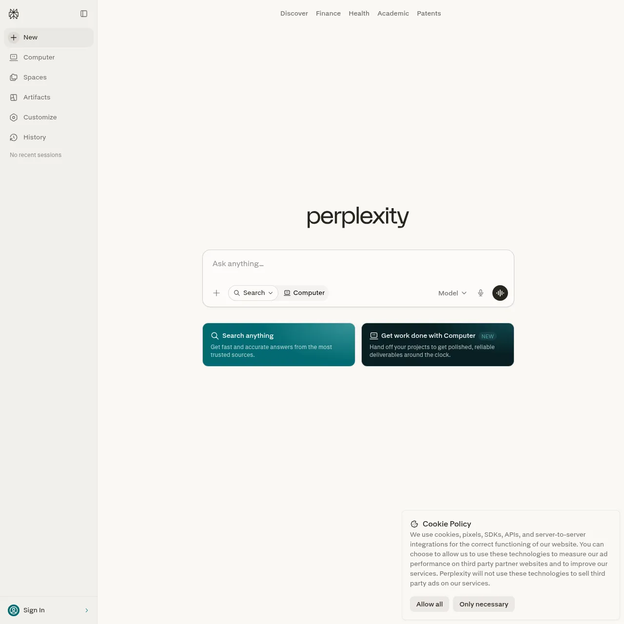 Perplexity AI homepage showing the Ask anything research interface