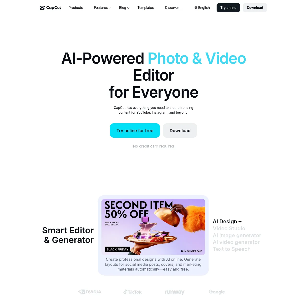 CapCut iOS app showing AI video editor with auto captions and background removal