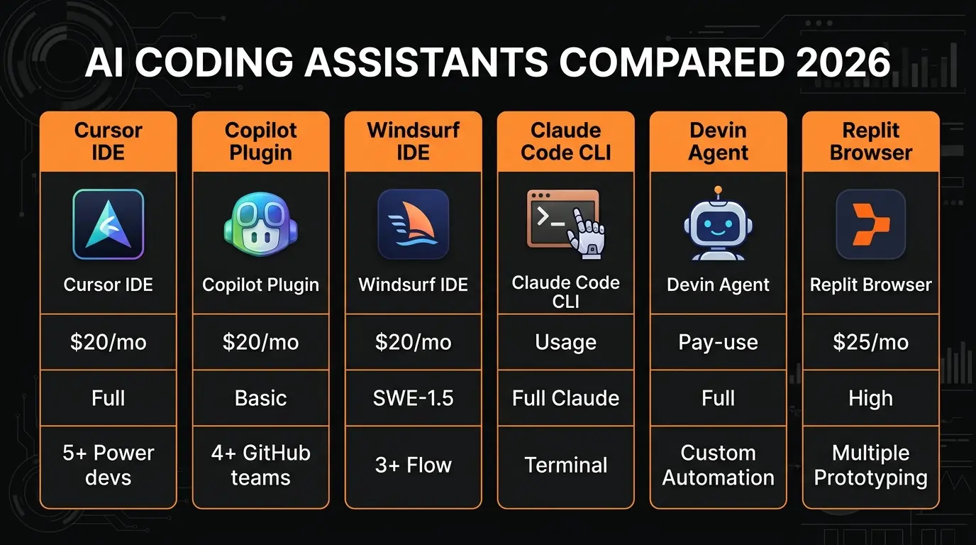 Side-by-side comparison of all 7 AI coding assistants — pricing, models, and key features