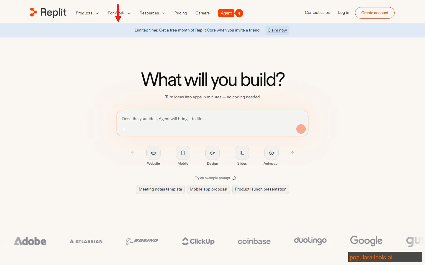 Replit Agent browser IDE with AI agent building a full-stack app