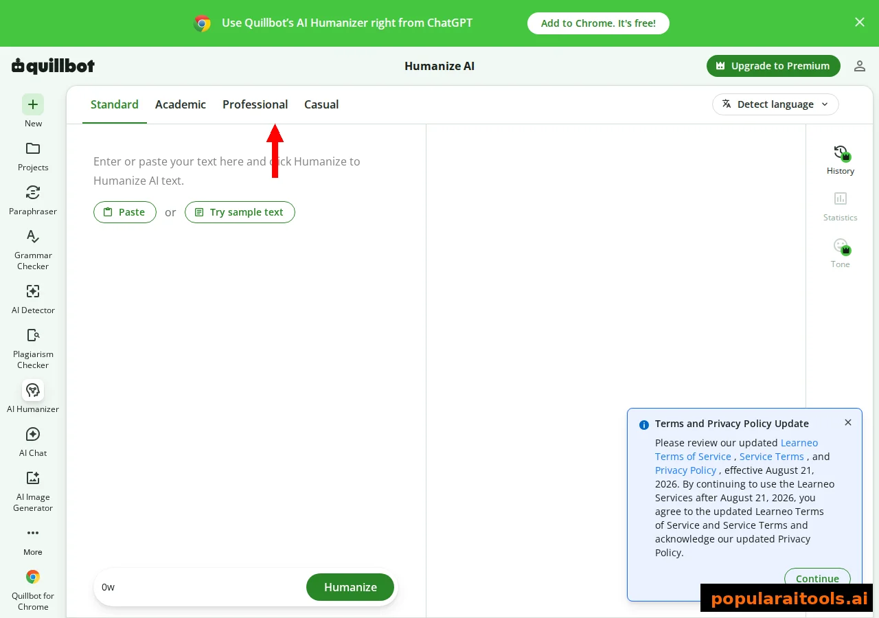 QuillBot AI humanizer page showing the free humanize tool and its Chrome extension for use directly inside ChatGPT
