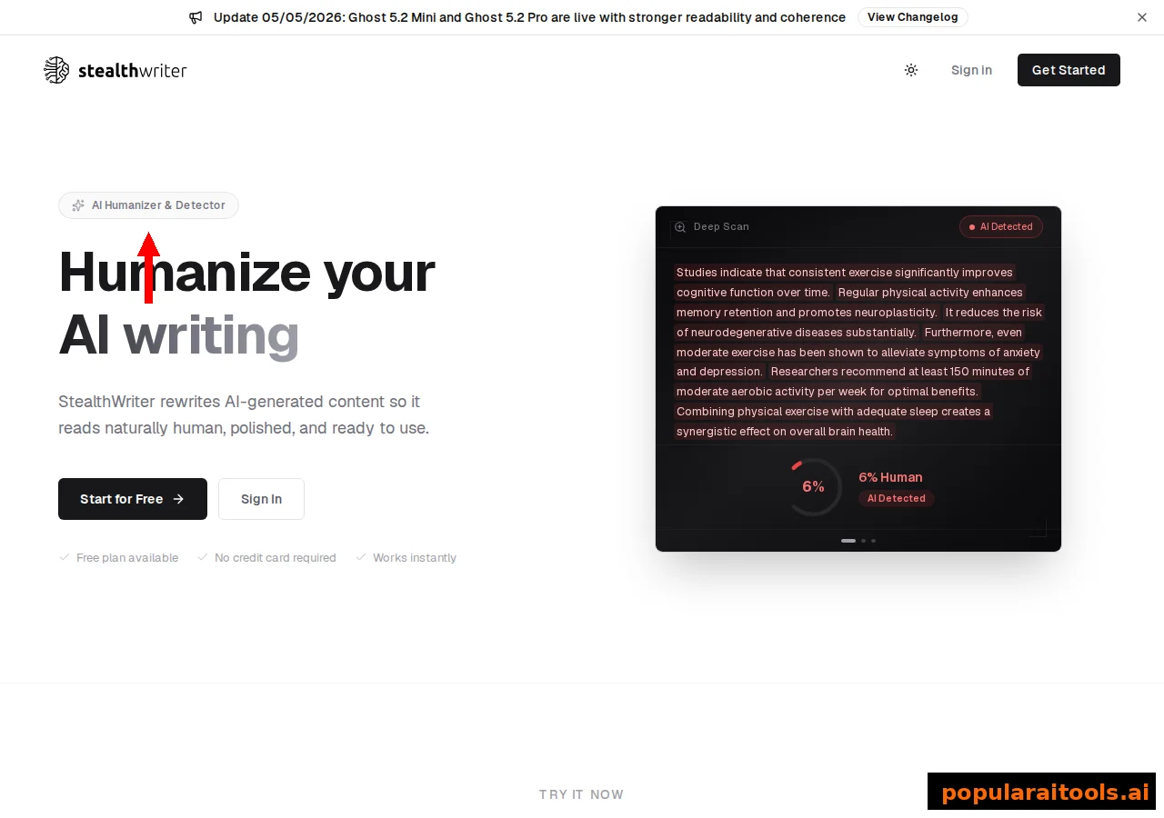 StealthWriter homepage showing the Deep Scan feature marking a sample paragraph as AI Detected with a 6 percent human score