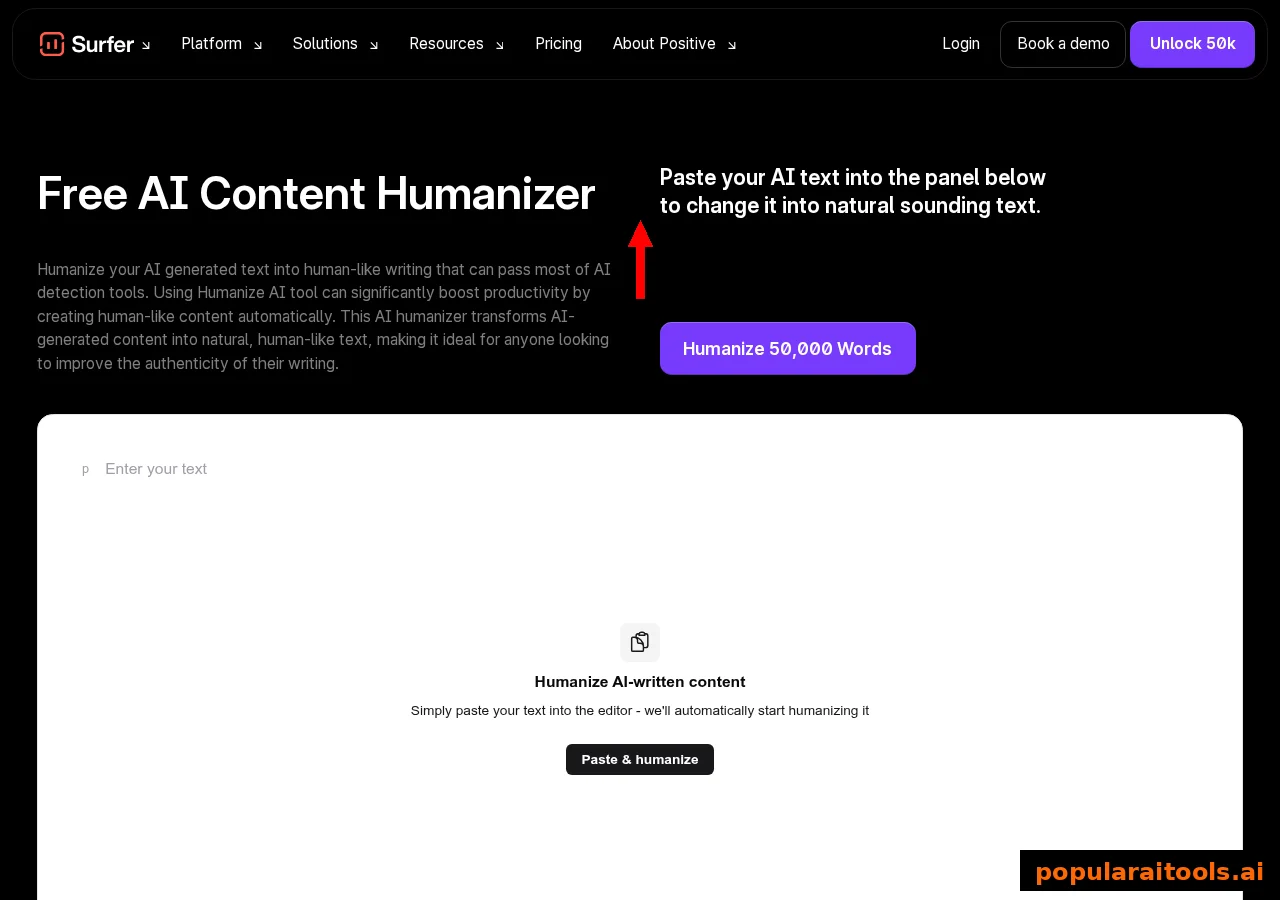 Surfer free AI content humanizer page offering 50,000 free words and unlimited AI detection