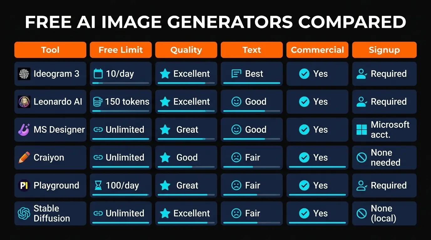Side-by-side comparison infographic of all 10 free AI image generators showing free tier limits, quality scores, and key differentiators