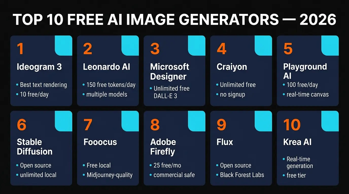 AI image generator features overview infographic showing 6 key capabilities — text rendering, photorealism, canvas editing, commercial licensing, open source, and real-time generation