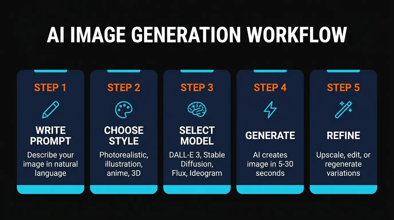 Decision workflow infographic showing 5 steps to choose the right free AI image generator based on use case, volume, quality, platform, and commercial needs