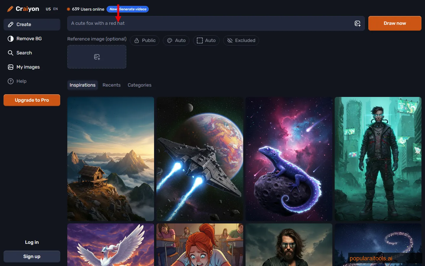 Craiyon interface showing 9 generated images from a single prompt with the simple input bar and no-signup experience