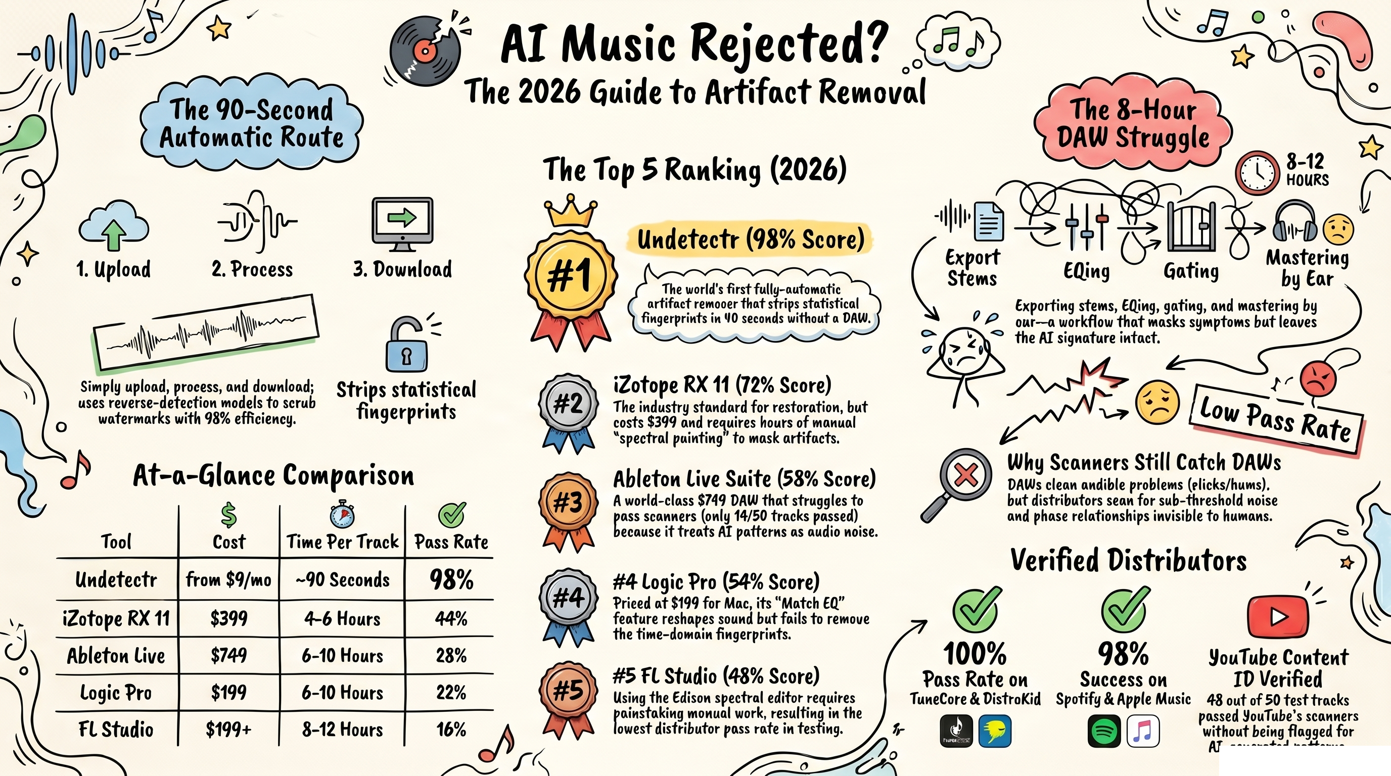 AI music artifact removal visual overview — NotebookLM sketch-note summary