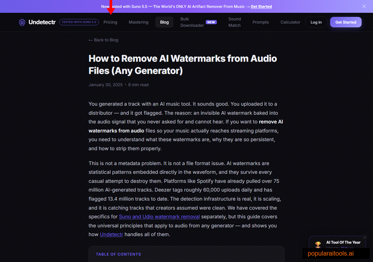 Undetectr blog post explaining how to remove AI watermarks from audio files