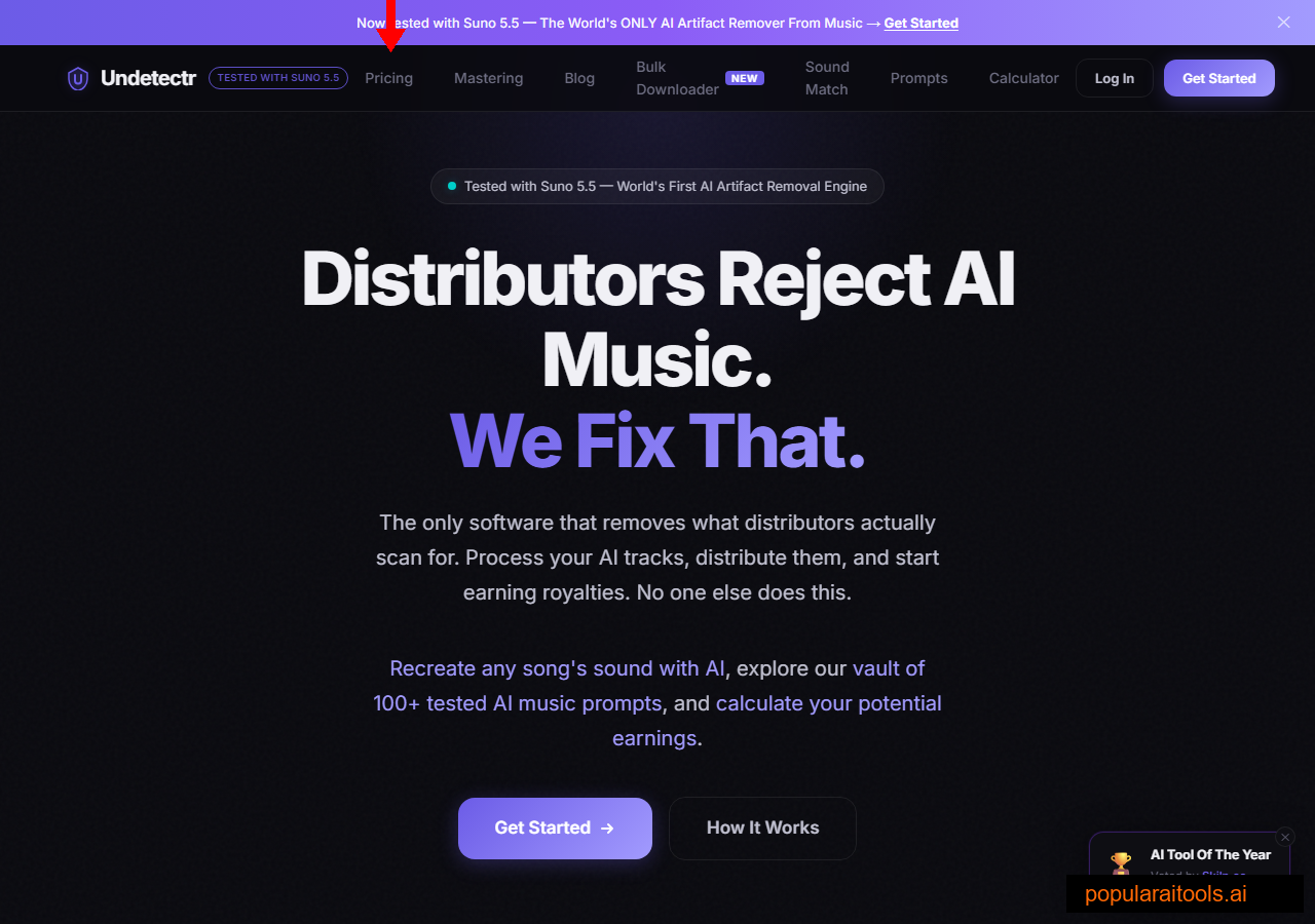 Undetectr homepage — Distributors Reject AI Music. We Fix That.