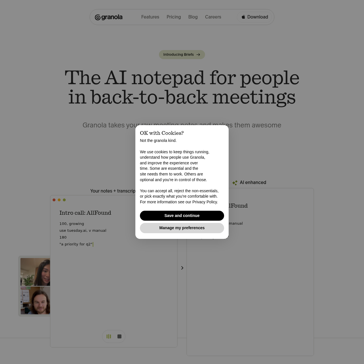 Granola AI meeting notes homepage showing bullet-driven AI summaries