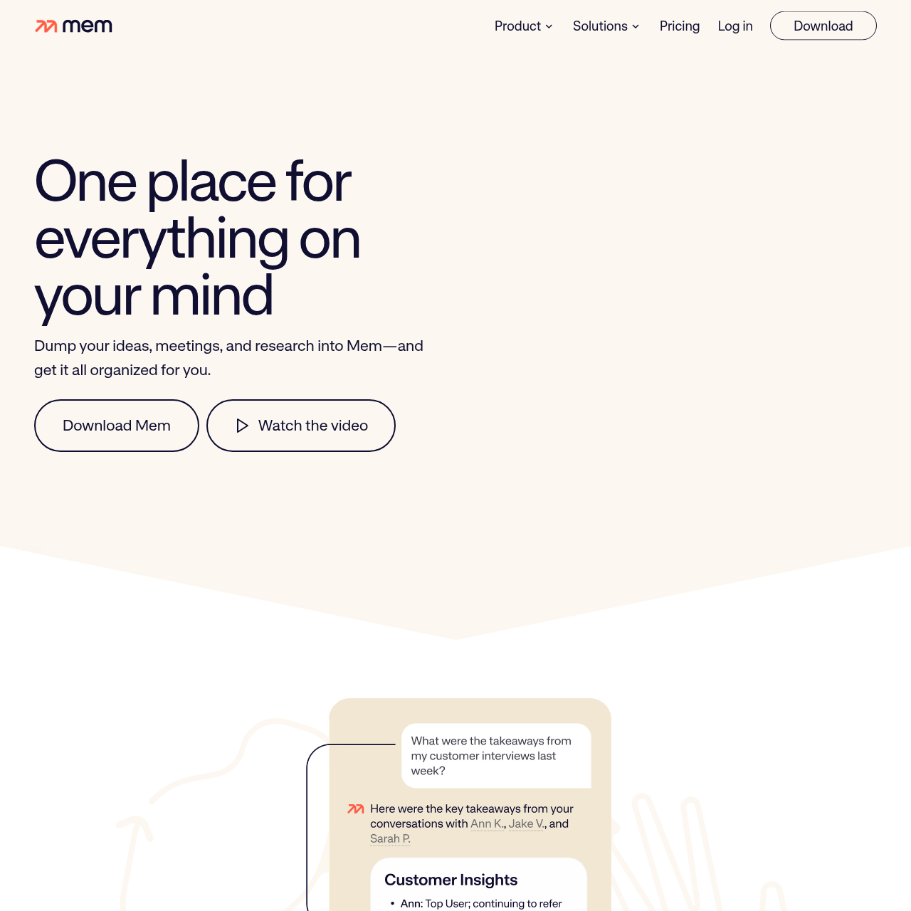 Mem AI homepage showing the auto-linking second brain with agentic AI layer