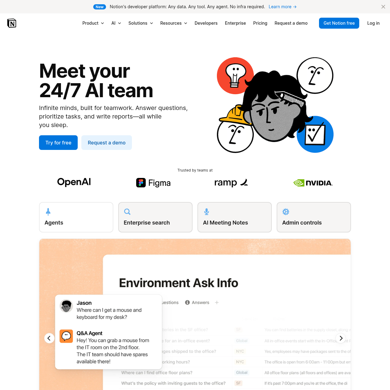 Notion AI product page showing workspace-wide chat and document Q&A features