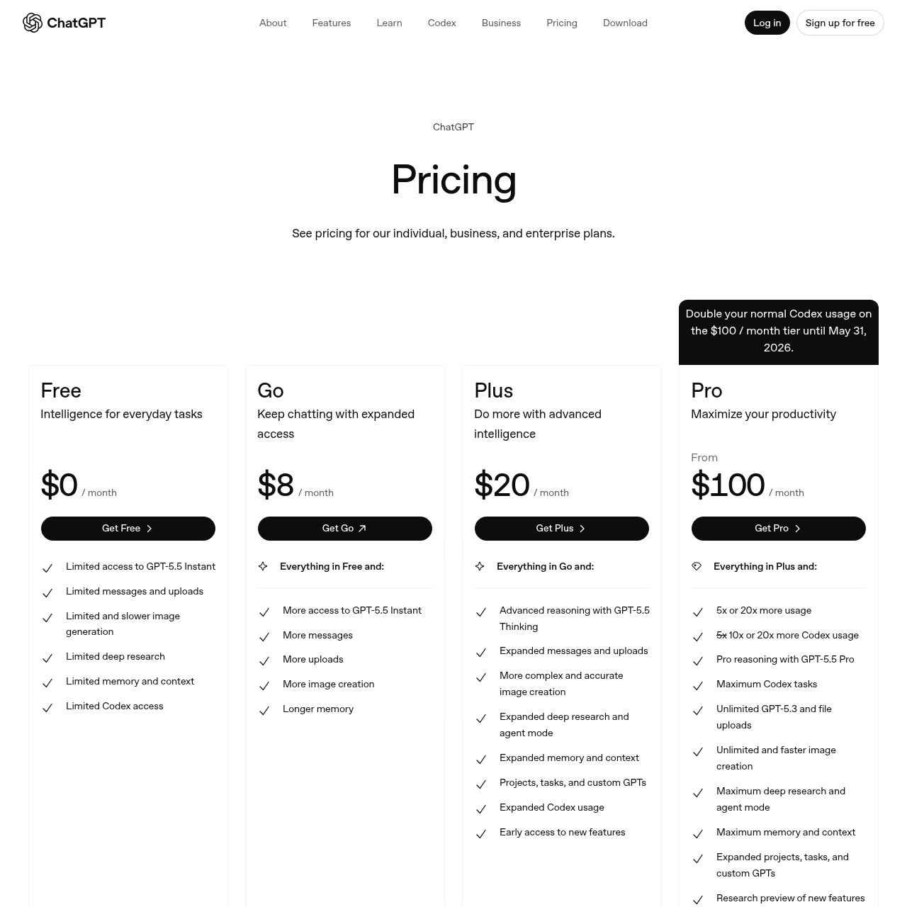 ChatGPT pricing page showing Free, Go $8, Plus $20, Pro $100, and Business tiers