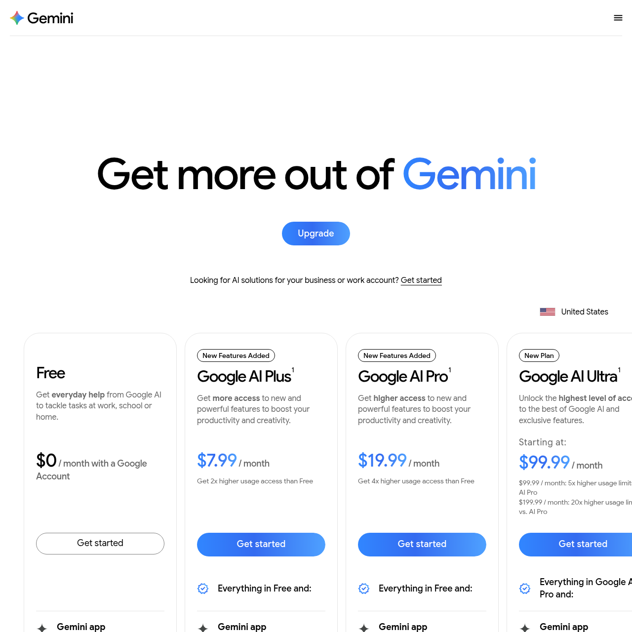 Gemini subscription page showing Free, AI Plus $7.99, AI Pro $19.99, and AI Ultra $99.99-199.99 tiers