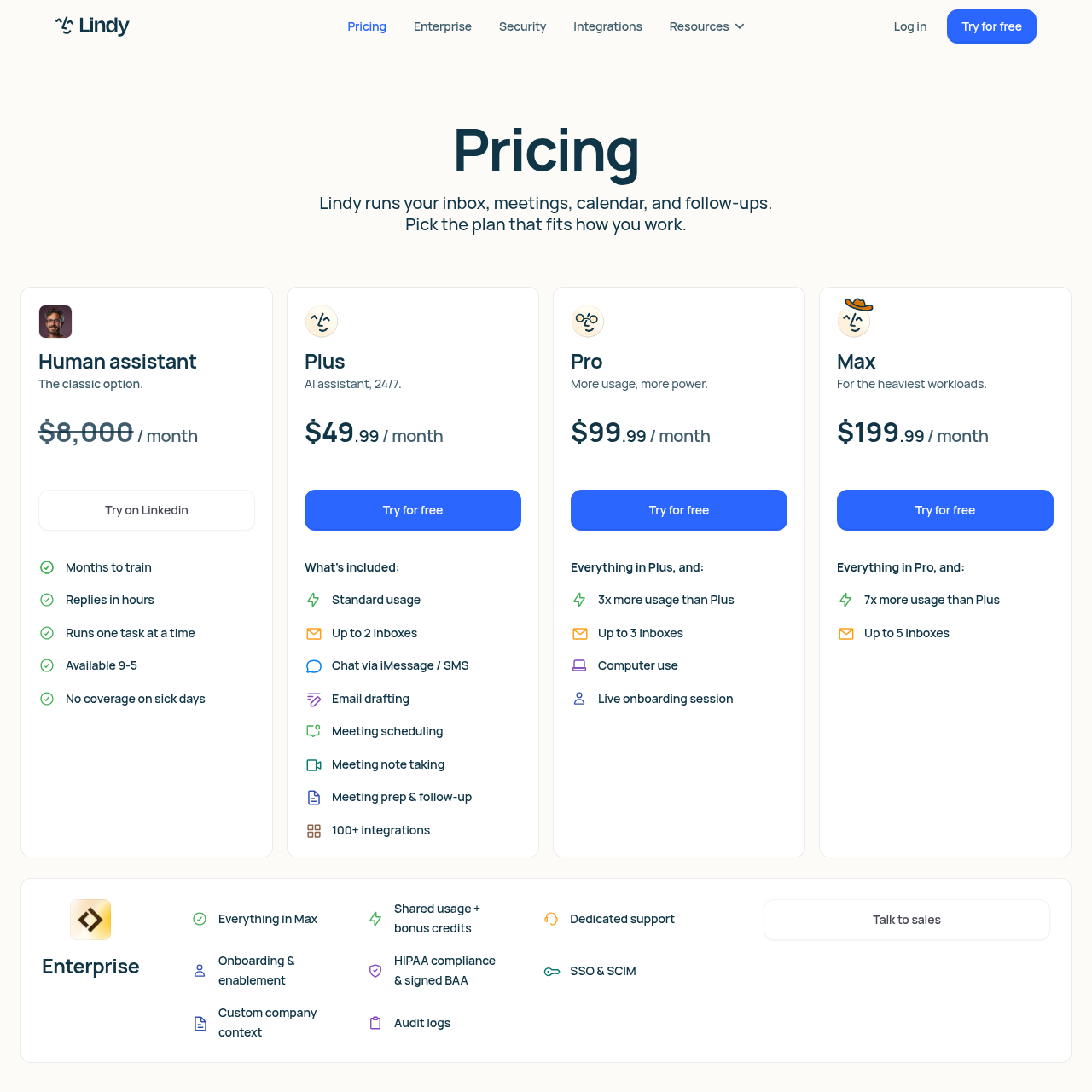 Lindy AI pricing showing Plus $49.99, Pro $99.99, and Max $199.99 monthly tiers with email and calendar autopilot