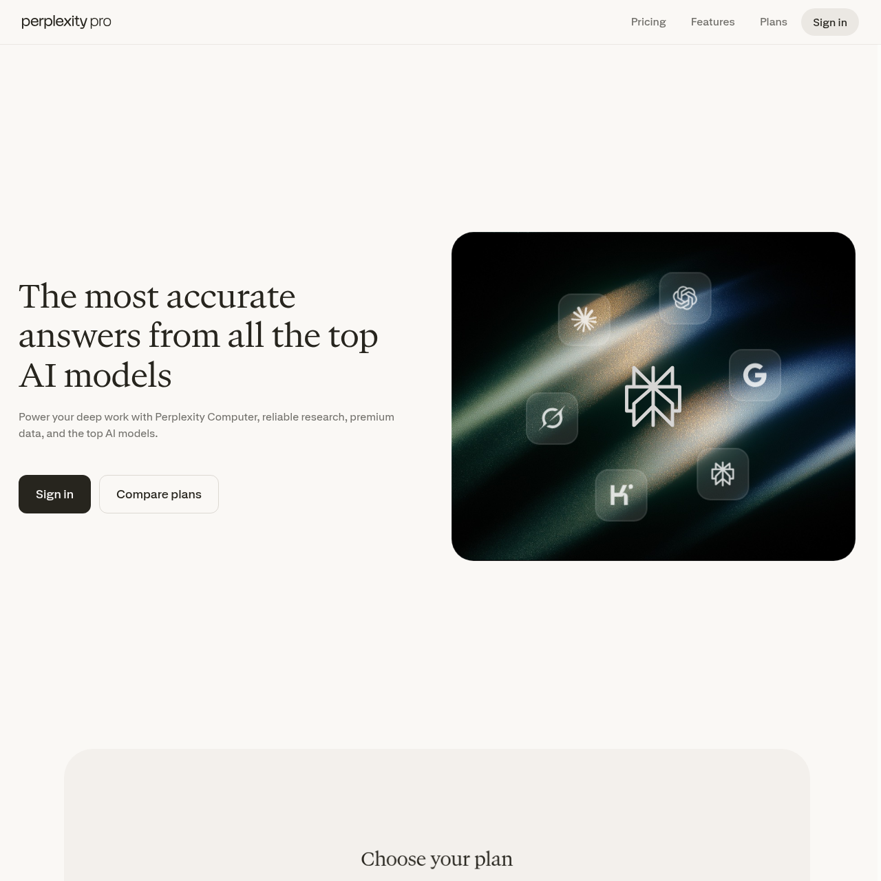 Perplexity Pro pricing page showing Free, Pro $17 annual ($20 monthly), and Max $167 annual ($200 monthly)