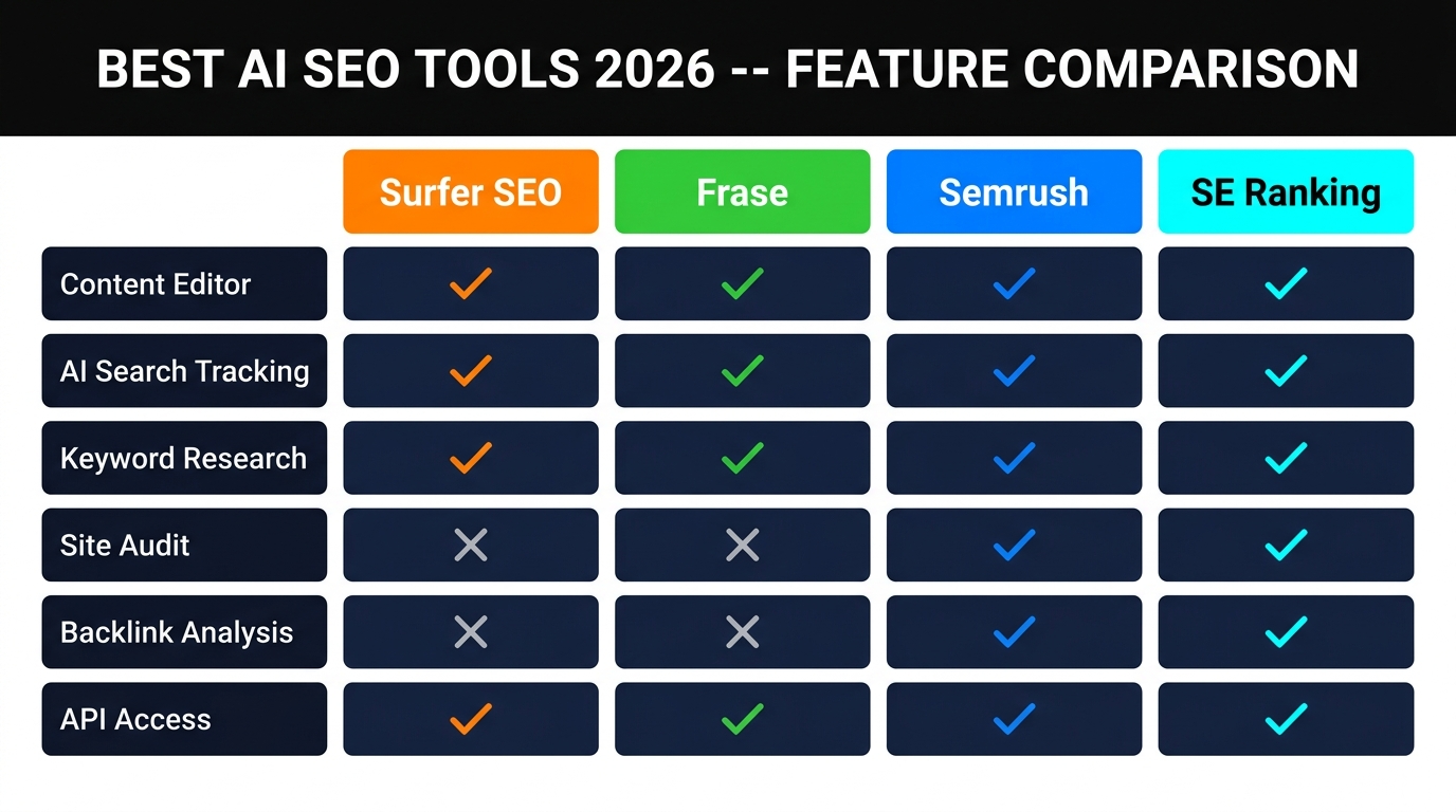 Best AI SEO Tools 2026 feature comparison across Surfer SEO, Frase, Semrush, and SE Ranking