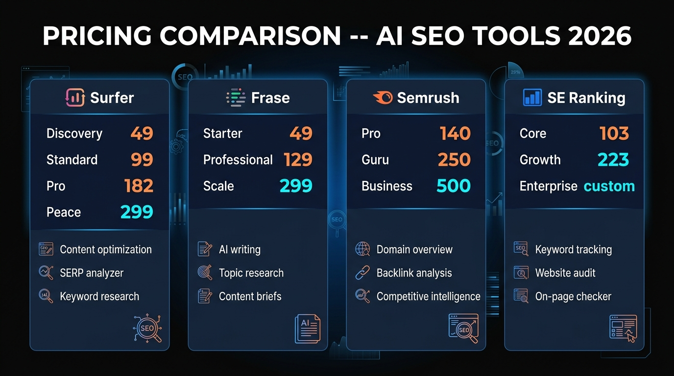 Pricing comparison across Surfer SEO, Frase, Semrush, and SE Ranking in 2026